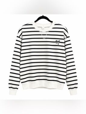 Striped Crewneck Sweater - White with Black Stripes h&m Large French girl style